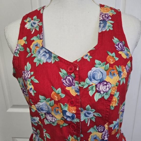 Retro Colorful Floral Red Sleeveless Midi Dress - Picture 2 of 9